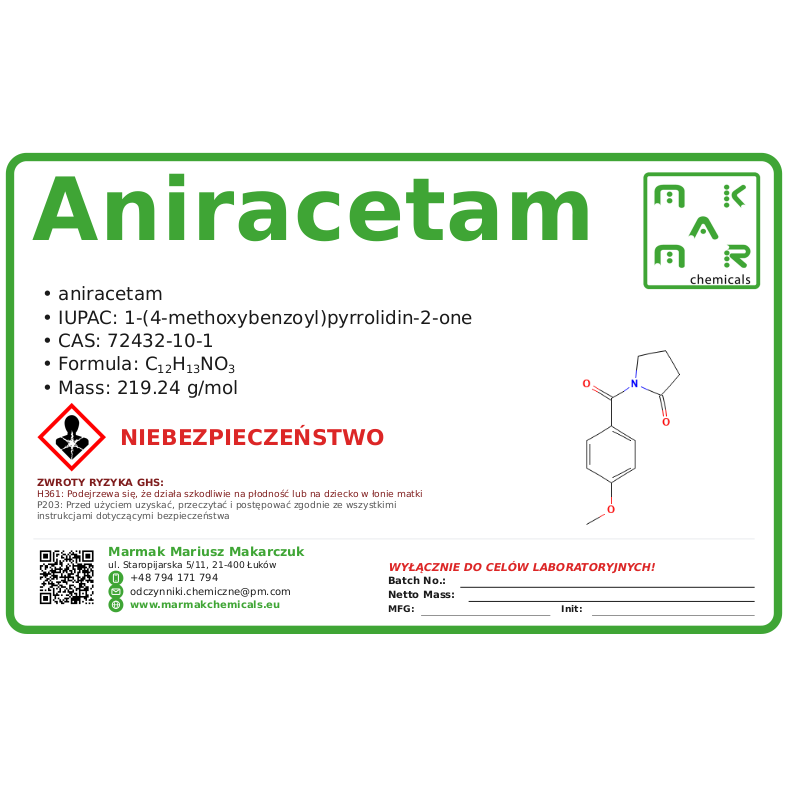 Aniracetam, CAS 72432-10-1 — etykieta produktu chemicznego