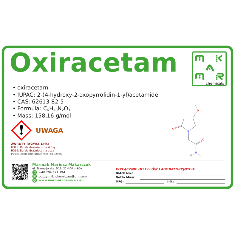 Oxiracetam, CAS 62613-82-5 — etykieta produktu chemicznego