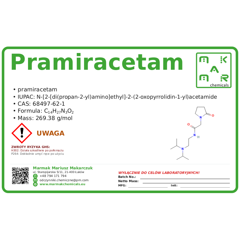 Pramiracetam, CAS 68497-62-1 — etykieta produktu chemicznego